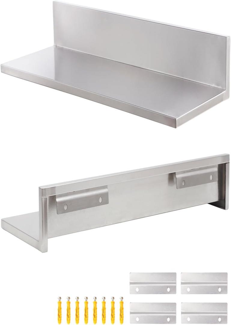 Stainless Steel Wall Shelf 8.6"x16" 50LB, 2 Packs L-Shaped Commercial Wall Mount Floating Shelving for Kitchen, Restaurant, Home