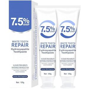 2pcs 7.5% Hydroxyapatite Toothpastes for Enamel Protection and Tooth Strengthening, 7.5% Nano Hydroxyapatite Toothpaste White Tooth Repair, Fluoride-Free, Gentle Mint, Fresh Breath
