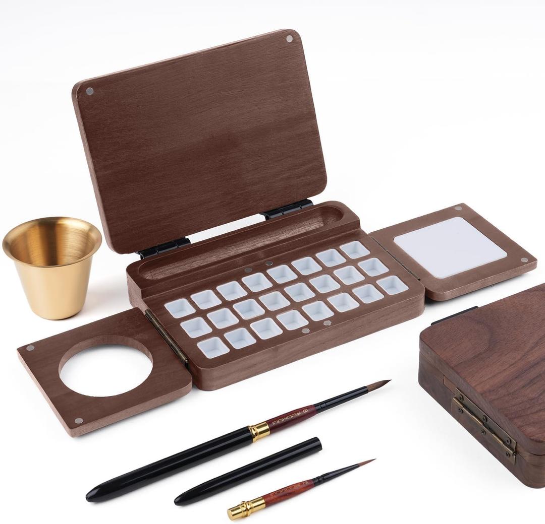 Fuumuui Travel Watercolor Palette 24 Grids Foldable with 2pcs Sable Travel Watercolor Brushes, Portable Walnut Wood Palette Box for Plein Air Painting
