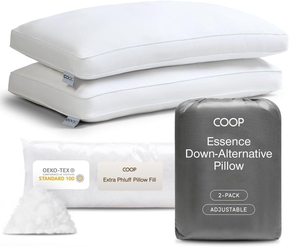 Coop Home Goods Essence Down Alternative Pillow Set of 2, Queen Size, Best Pillows for Sleeping, Adjustable Alternative to Down Pillows, Luxury Hotel Pillow for Back, Stomach or Side Sleepers