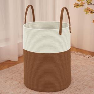 JMvicyroam Large Woven Laundry Basket Hamper,100L Cotton Rope Storage Bin for Blankets,Toys and Clothes,Decorative Tall Nursery Hamper for Living Room,Baby Nursery,Bathroom and Bedroom,White and Brown