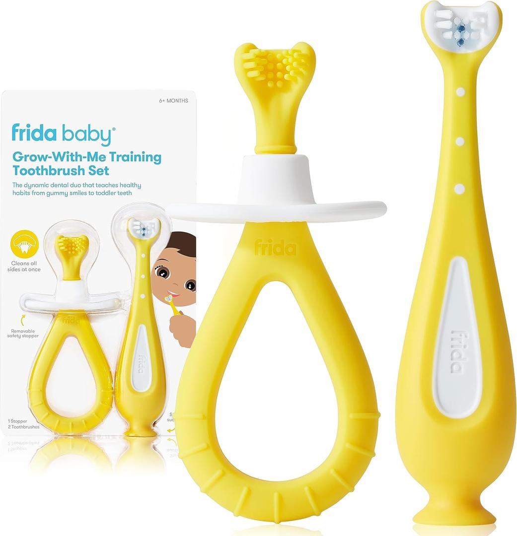 Frida Baby Grow-with-Me Training Toothbrush Set, Infant Baby Tooth brush & Toddler Toothbrush 6-18 Months, Soft Silicone Bristles, BPA-Free Oral Care for Sensitive Gums, Yellow