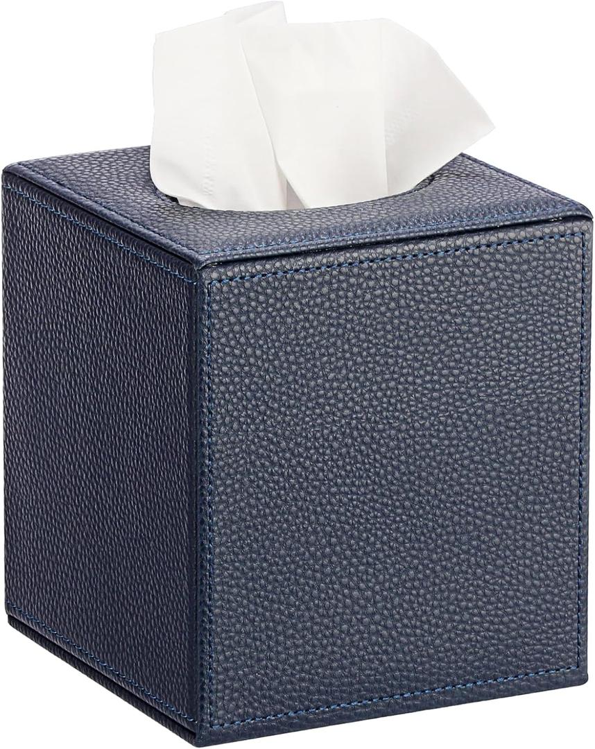 Sumnacon Tissue Box Cover Square Tissue Box Stylish PU Tissue Box Holder with Magnetic Bottom,Leather Cube Tissue Cover for Living Room Bathroom Bedroom Table Desk Home Office Car, Navy Blue
