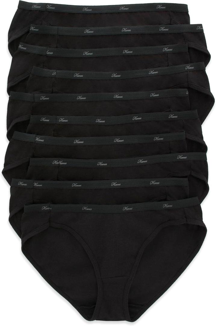 Hanes Women's Underwear Pack, Classic Cotton Bikini Panties, 10-Pack, All Black, 8