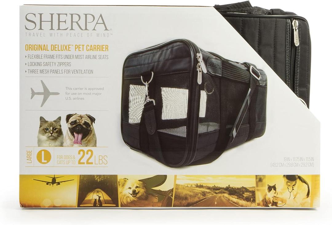 Sherpa Original Deluxe Travel Pet Carrier, Airline Approved - Black, Large (19.0"L x 11.8"W x 11.5"H)