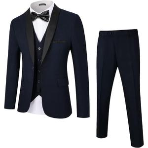 WEEN CHARM Men's Slim Fit 3 Piece Tuxedo Suit One Button Shawl Lapel Blazer Jacket Vest Pants Set (Navy Blue, 2XL)
