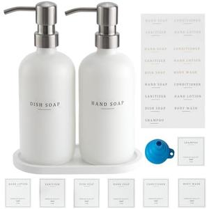 Glass Soap Dispenser - Dish Soap Dispenser for Kitchen and Hand Soap Dispenser Set, Bathroom Soap Dispenser with 304 Rust Proof Pump, Soap Dispenser for Kitchen with Tray, White Bottle/Silver Pump