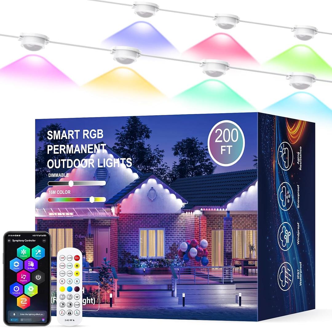 JOH Permanent Outdoor Lights, 200FT RGB+IC Smart LED Outdoor Lights with App/Remote Control, DIY Scene Modes Lighting & IP67 Waterproof, Eaves Light for Christmas, Holiday, Daily Decorations (White)