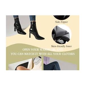 Mofirdast Women's Mid Calf Boots Comfy Square Closed Toe Stiletto High Heel Boot Zipper Short Ankle Booties (8, Black)