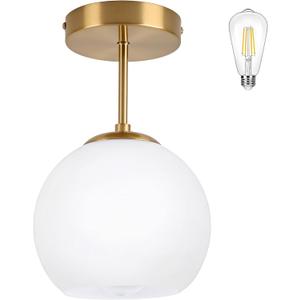 Gold Semi Flush Mount Ceiling Light Fixture Milk Glass Light Fixture Mid Century Flush Mount Ceiling Light Brass Flush Mount Ceiling Light Schoolhouse Light Fixture for Dining Room(Bulb Incl.) (Opal Gold)