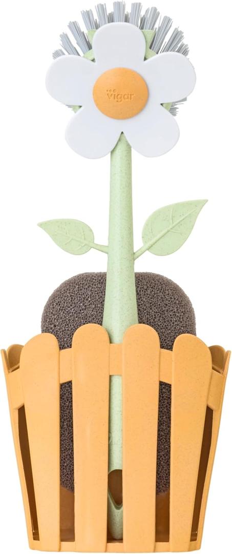 Vigar Florganic 3-in-1 Kitchen Sink Caddy Set, Flower-Shaped Dish Brush, Sponge, Fence-Shaped Holder and Suction Cup, Ideal Sink Organizer, Orange