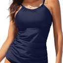Womens Tankini Tops High Neck Bathing Suit Tops Slim Fit Ruched Swim Tops Only UPF50+ (Large, Blue)