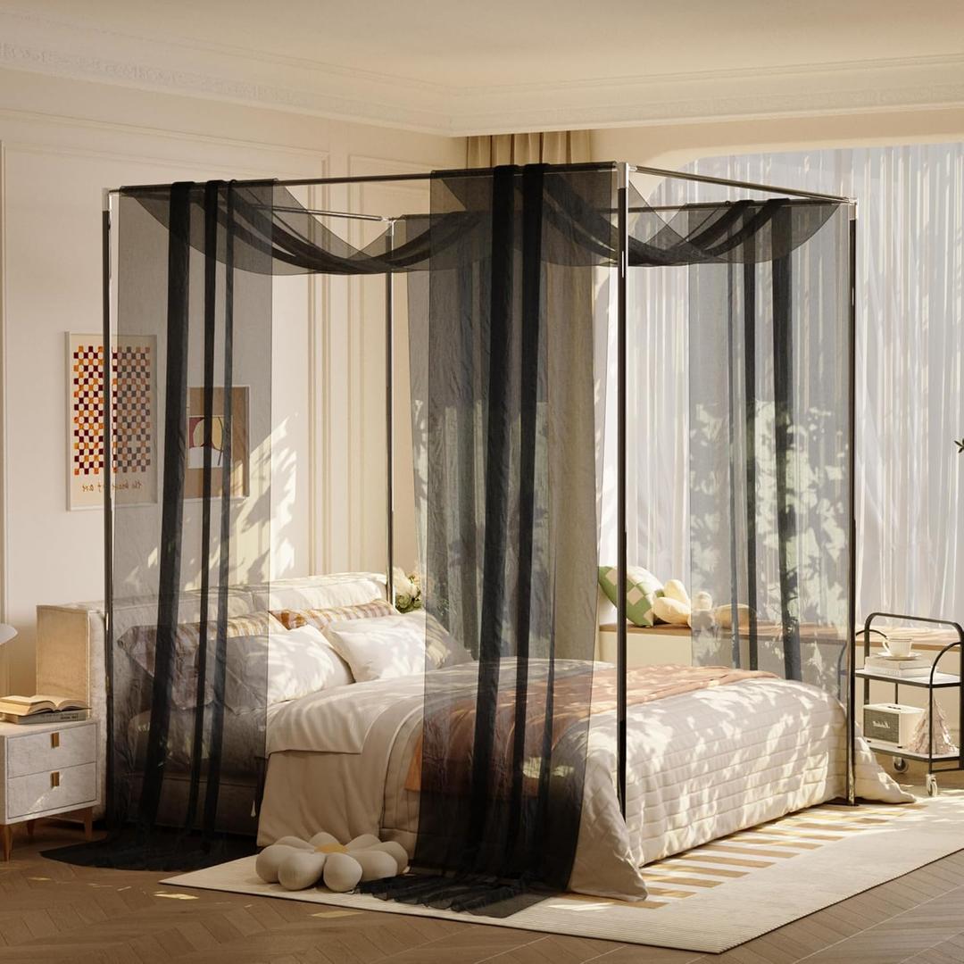 lazyzzz Black Canopy Bed Curtains for Full/Queen/King Metal/Wood Canopy Bed Frame, Princess Bed Canopy Scarf for Girls-2 Panel Semi-Sheer Canopy Bed Curtain 39.4" W x 315" L