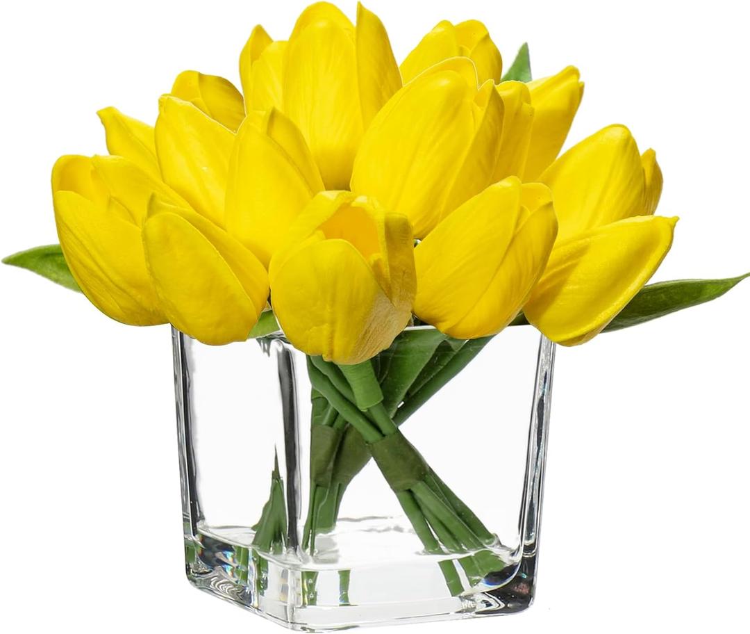 DILATATA Artificial Yellow Tulips in Vase with Faux Water 5.5" Real Touch Flowers Fake Tulips Small Flowers Arrangement in Cube Glass Vase for Mother's Day Table Centerpiece Wedding Home Decor
