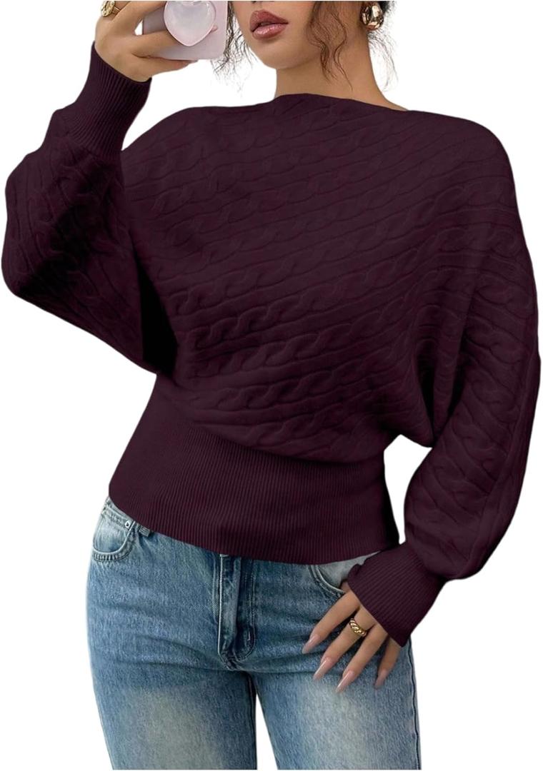 Verdusa Women's Cable Knit Sweaters Cinched Waist Tops Pullover Sweater Elegant Spring Fall Clothes (Wine), Smal
