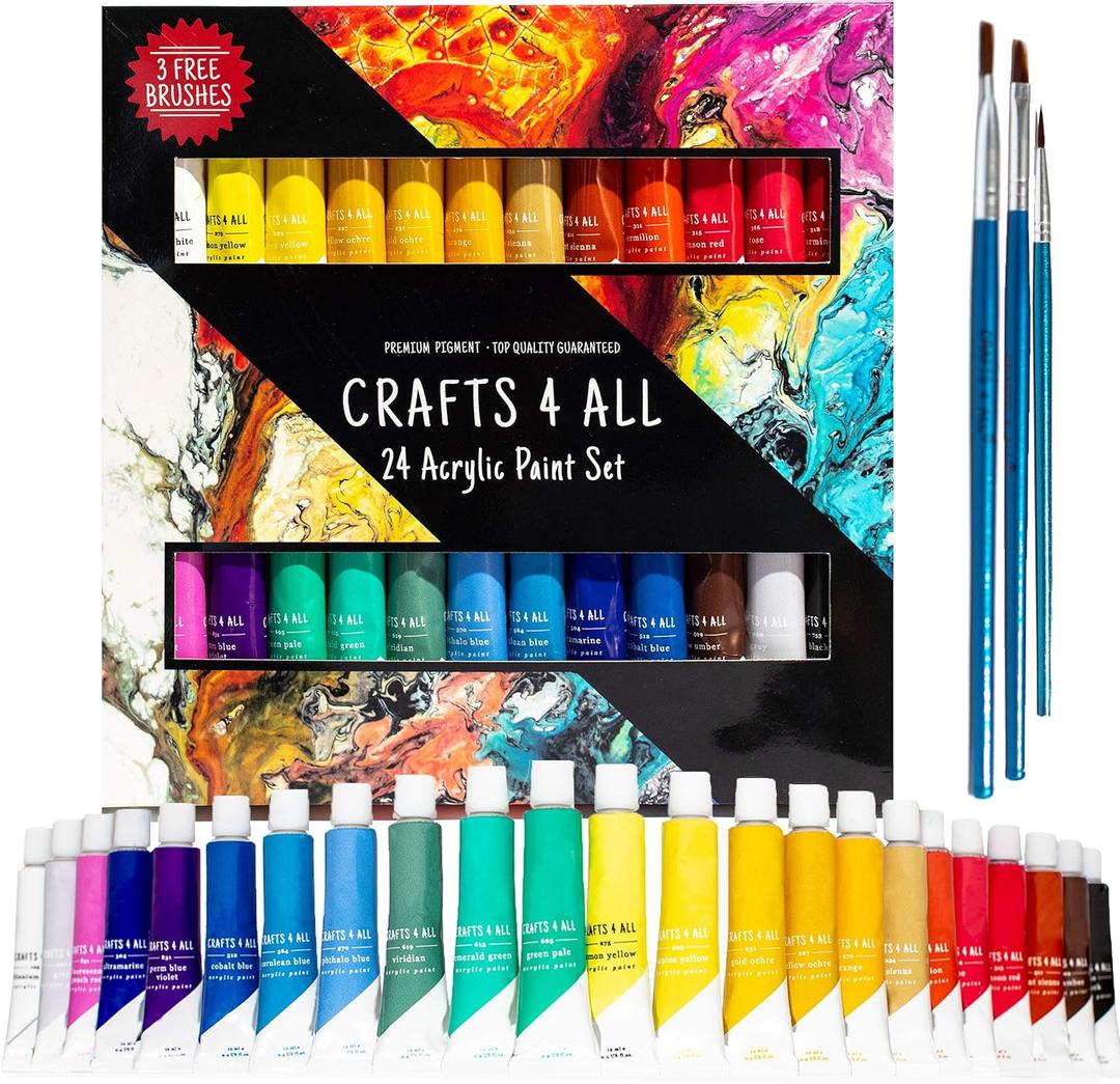 Acrylic Paint Set 24 Colors by Crafts 4 ALL Perfect for Canvas, Wood, Ceramic, Fabric. Non Toxic & Vibrant Colors. Rich Pigments Lasting Quality for Beginners, Students & Professional Artist