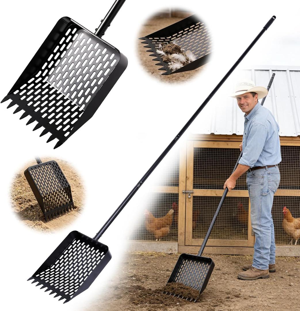 Large Chicken Poop Scooper & Rake 2-in-1, Heavy Duty Metal Pooper Scooper with 43" to 90" Adjustable Stainless Steel Handle, Sand Sifting Shovel for Chicken Coops & Farm Animals Little Scoop