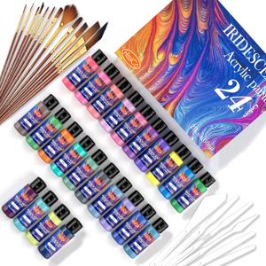 HissiCo Iridescent Acrylic Paint Set of 24 Chameleon Colors 60ml 2 OZ Bottles with 12 brushes 5 knifves, High Viscosity Shimmer Paint for Artists, Beginners
