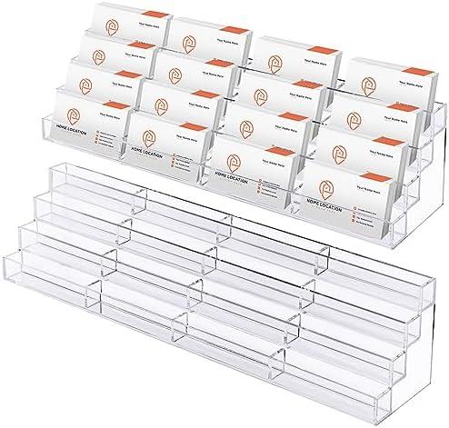 Hoteam Acrylic Business Card Holder for Desk Multiple 16 Slot 4 Tier Large Business Card Organizer Display Rack Clear Plastic Holder Stand for Home(2 Pcs)