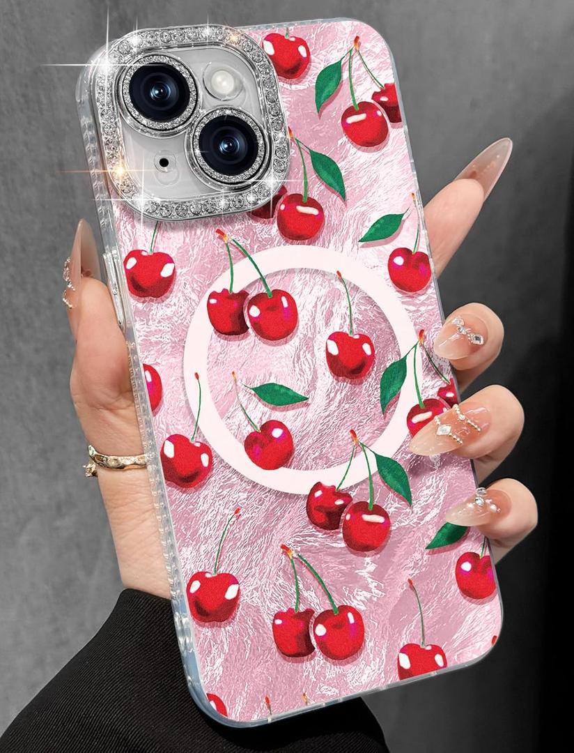 Toycamp for iPhone 15 Case - Compatible with Magsafe Aesthetic Cute Holographic i15 Case with Diamond Bling Lens Protector for Apple 15 Cover for Women Girls, PK Cherry