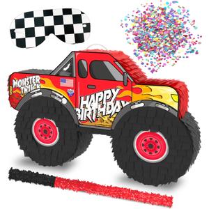 Monster Truck Piata, 4 Piece Set, perfect for Kids Birthday Parties, Race Car Party Supplies fits piata candy and party favors (16X10) Durable! (Red Monster Truck)