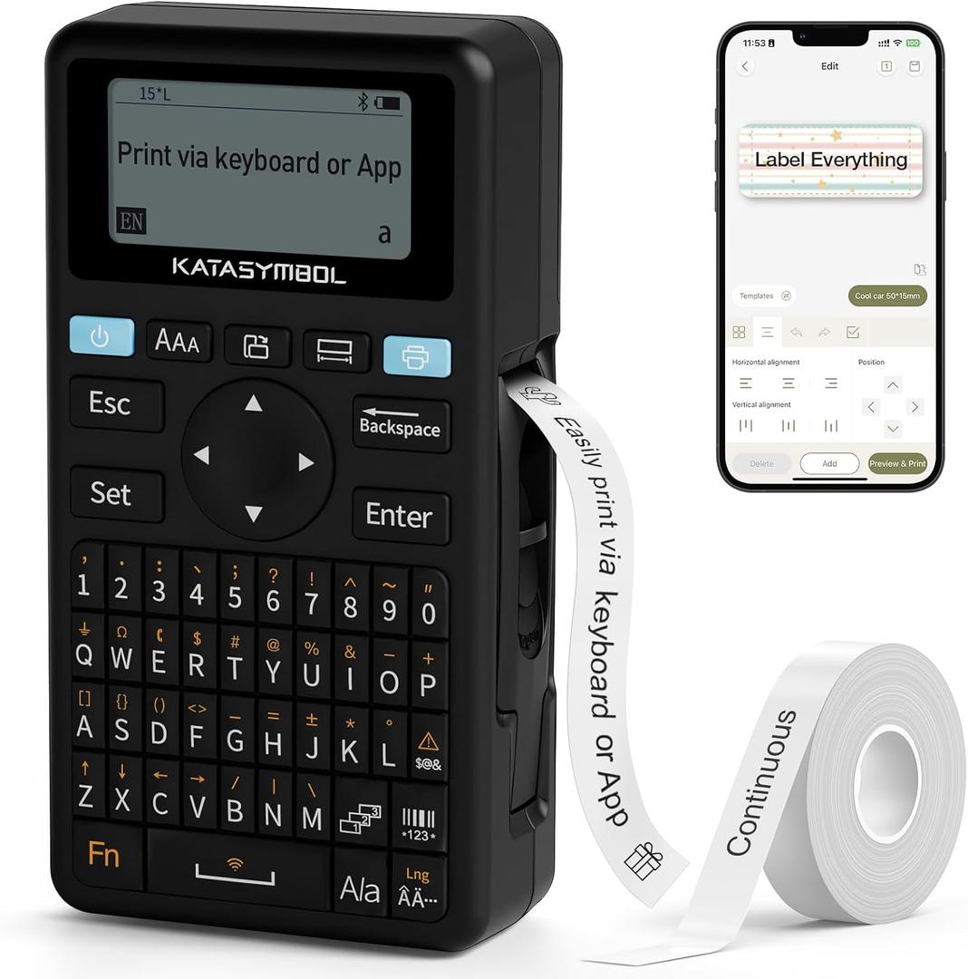 SUPVAN E11 Bluetooth Label Maker Machine, Support Keyboard & App with 40 Fonts and 650+ Icons, Rechargeable Inkless Labeler for Home, Kitchen, Office, School, Organization, Black