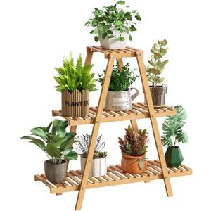 GHWIE Plant Stand Indoor Plant Shelf Outdoor bamboo Plant Rack, 3 Tiers Ladder Plant Holder Flower Stand for Living Room Balcony Garden Patio,Living Room Boho Home Decor for Gardening Gifts (Natural)