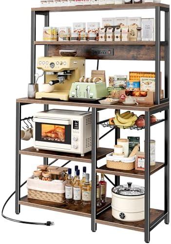 SUPERJARE Bakers Rack with Power Outlet, 35.4 Inches Coffee Bar with Wire Basket, Kitchen Microwave Stand with 6 S-Shaped Hooks, Open Storage Shelves, Rustic Brown