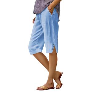 GaoCold Cotton Linen Capri Pants for Women Petite Bermuda Shorts Knee Length Drawstring High Waisted Wide Leg Cropped Pants Casual Summer Beach Vacation Long Shorts Blue L (Blue, L)