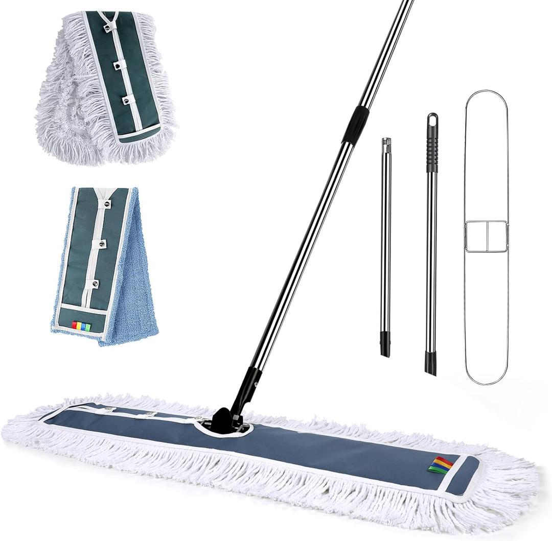 Commercial Mop,Masthome 42" Heavy Duty Dust Mop with Stainless Steel Handle,Large Industrial Mops for Floor Cleaning with 1 Cotton & 1 Microfiber Pad,Wet & Dry Large Mops for Home,Garage,School,Mall (Large-blue White)