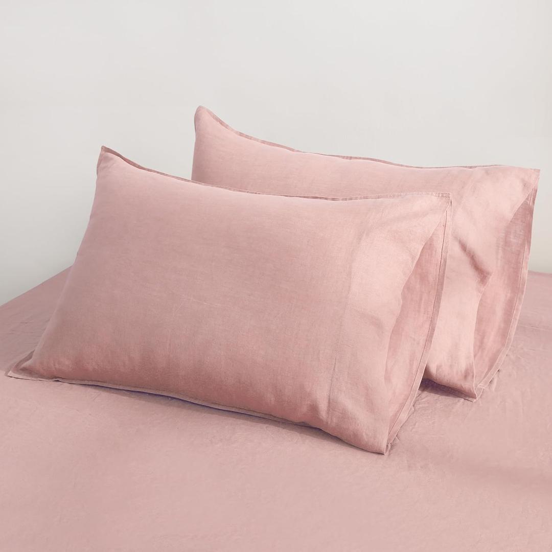 100% Linen Pillow Cases Standard Size 20x26 Inch Set of 2 - Washed French Natural Flax Ultra-Soft & Breathable Bedding Pillowcases(Pink, 20 x 26 Inch)