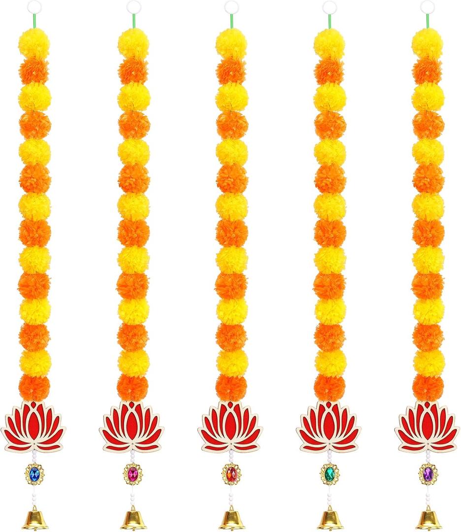 5PCS Artificial Marigold Garland with Lotus and Bell for Diwali Decoration, Marigold Long Strands for Indian Wedding Pooja Puja Decor, Flowers Garland for Christmas Thanksgiving New Year (5pcs Yellow Orange)