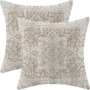 Boho Pillow Covers 22x22 Set of 2, Brown Carpet Pattern Decorative Outdoor Throw Pillows Linen Ethnic Design Farmhouse Cushion Pillow Covers for Sofa Couch Outdoor Decor
