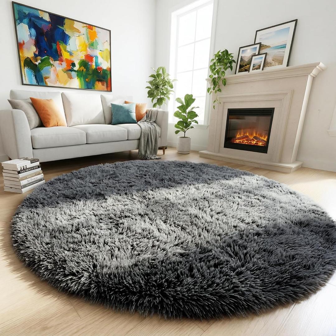 2 x 
Amdrebio Grey Fuzzy Round Circle Rug 4Ft for Bedroom Living Room Office