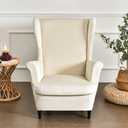 MIFXIN Wing Chair Slipcover 2 Piece Set Velvet Stretch Wingback Chair Cover with Cushion Cover Soft Washable Armchair Furniture Protector for Living Room Bedroom (Light Beige White)
