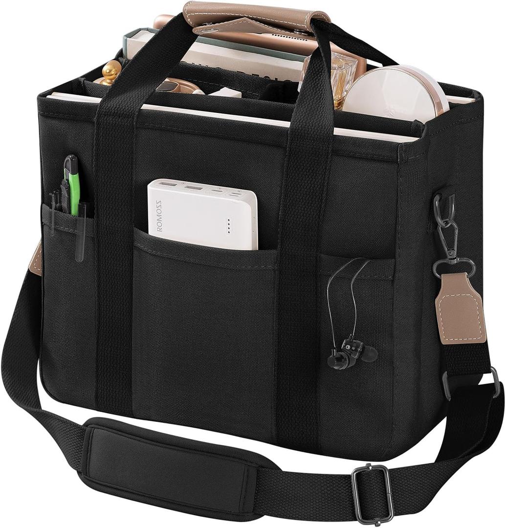 Canvas Tote Bag with Multi Pockets Crossbody Tote Bag for Women Bible Handbag Everything Tote Bags with Compartments (Large, 02 Black)