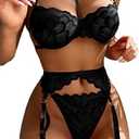 Lilosy Sexy Choker Floral Lace Scallop Sheer Underwire Push Up Garter Belt Lingerie Set 3 Piece Size XS
