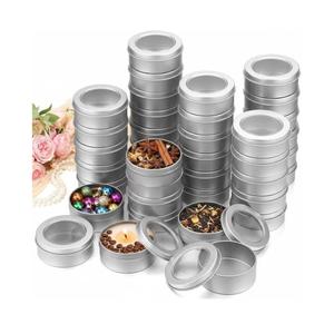 TecUnite 100 Pack 2 Ounce Metal Tin Cans Round Empty Container Salve Tins with Clear Lid for Kitchen, Office, Candles, Candies