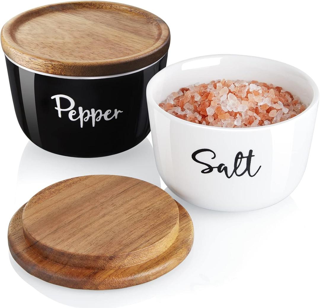 Salt and Pepper Bowls, 10 oz Salt Cellar with Lid, Stacked Ceramic Salt Pepper Container with Acacia Wood Lid, Salt Box for Countertop, Black and White Kitchen Decor, Set of 2