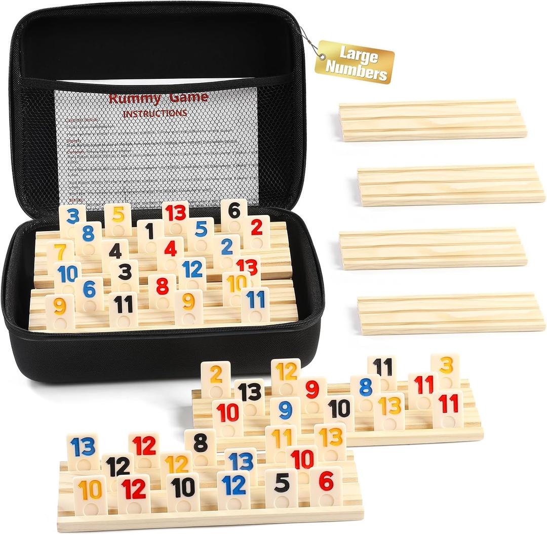 Rummy Cube 8 Player Edition with 8 Wooden Racks/Trays, 214 Large Numbers Rummy Tiles 6-8 Players Set with Zippered Case, Rummy Travel Game Set with 8 Tiles Holders for Family Adults Kids