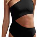 Women's One Piece Ribbed Swimsuit One Shoulder Cutout Swimwear Sexy Bathing Suit (Medium, Black)