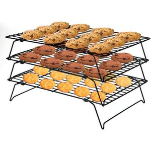 PowerKing 3 Tier Cooling Rack, Foldable Non-Stick Stainless Steel Wire Cake Rack for Pies, Cookies, Pastries, Home Baking, Birthday Party, Wedding Party 15.7'' x 10'' (Black 3 Tier)