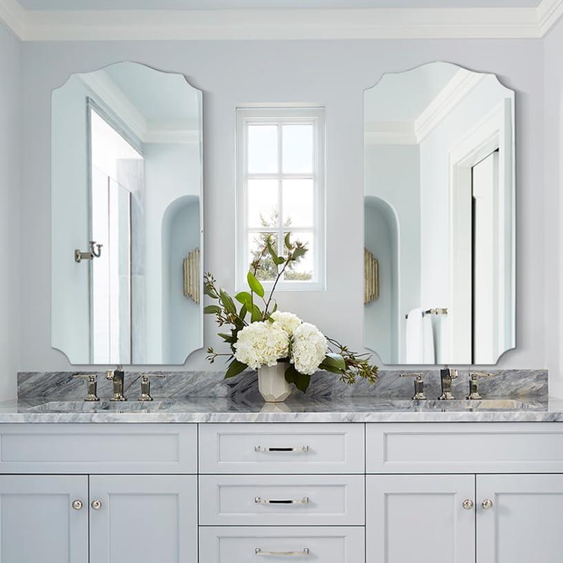2 Pack Long Arched Decorative Mirror for Bathroom, 36"x18" Silver Vanity Mirror for Wall, Scalloped, for Entryway, Living Room, Bedroom, Set of 2