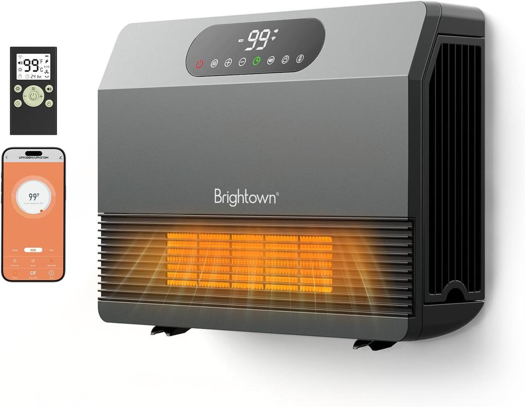 Brightown Smart Wall Heater, 1500W Electric Space Heater for Indoor Use, 5 Optional Modes, Adjustable Thermostat, Remote Control, Energy Efficient Easy-Mount Heater for Bedroom, Works with Alexa, Grey (Standard Plug)