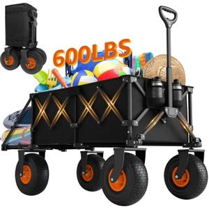 Beach Wagon with Big Wheels for Sand - Heavy Duty 10" Wheel Collapsible Wagons Foldable Large Wagon Cart Folding All Terrain for Camping (Black)