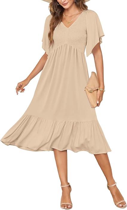 AUSELILY Women's Summer Empire Waist Dress Smocked Flutter Short Sleeve V Neck Midi Dresses 2025 New, Large, Apricot