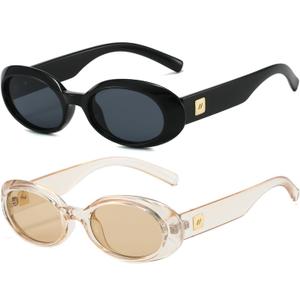 PORADAY Modern Oval Sunglasses for Women Trendy Retro 90s Oval Sunnie Vintage Narrow Round Shades (Black/Grey+ Champagne)