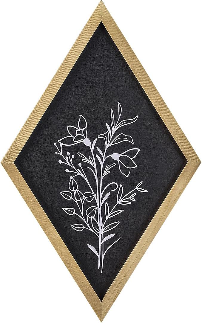 Flower Wall Decor Wood Diamond Frame Rustic Botanical Wall Decor Minimalist Floral Decor Wall Art for Farmhouse Living Room Dining Room Bathroom (Black)