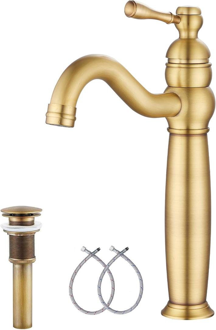 GGStudy Antique Brass Bathroom Faucet 360 Swivel Single-Handle 1 Hole Bathroom Vessel Sink Faucet Matching Pop Up Drain