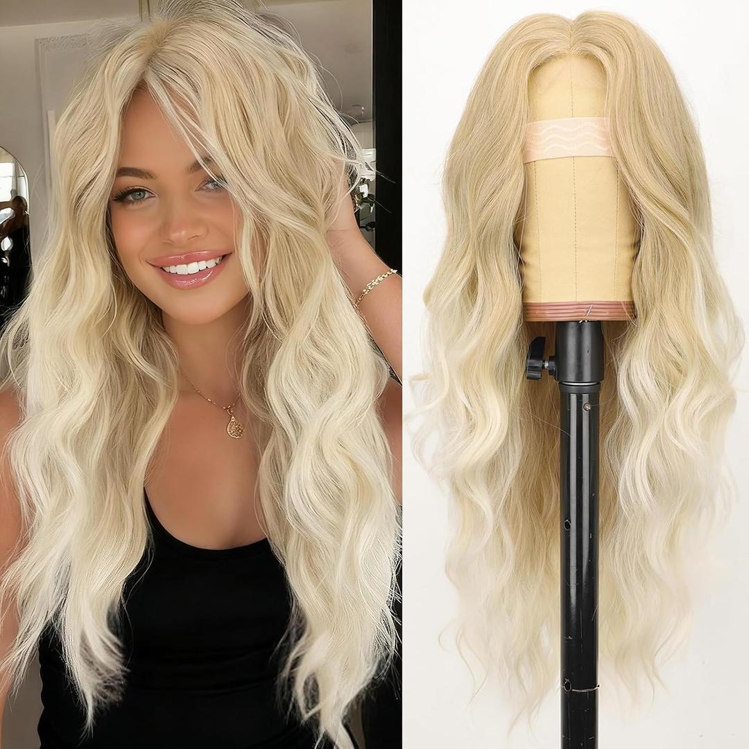 AISI HAIR Light Blonde To Platinum Blonde Wig for Women, Long Wavy Lace Hairline Middle Part Synthetic Heat Resistant Wig for Daily Party-26 Inch